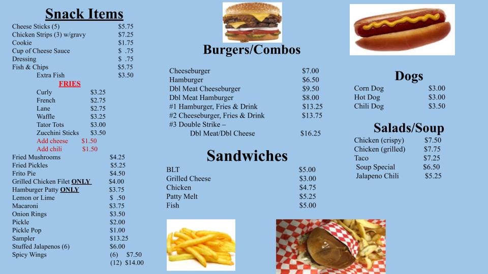 snack items, burgers/combos, sandwiches, hotdogs, salads/soup menu items