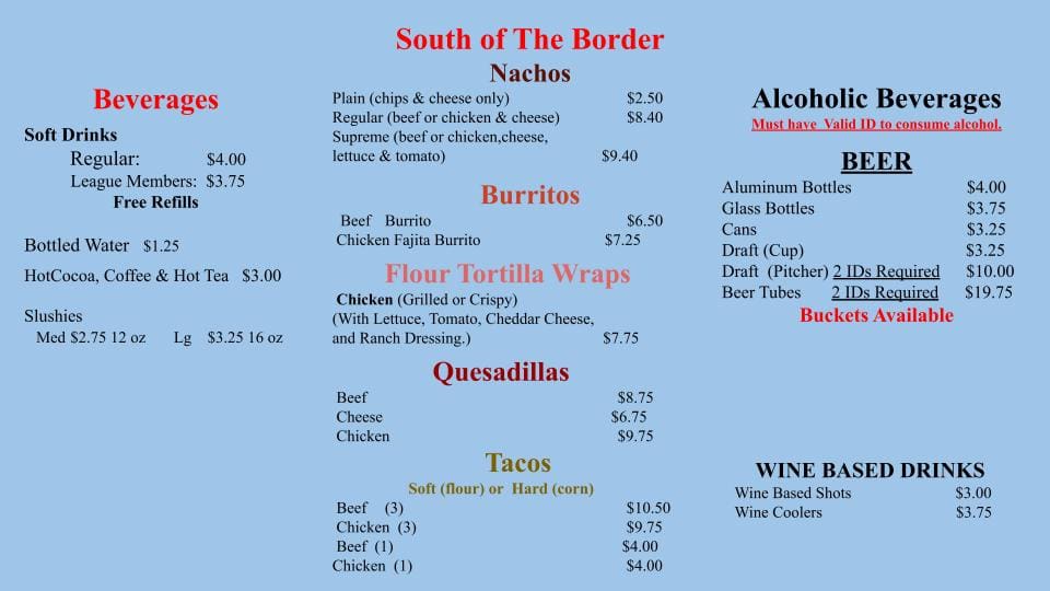 south of the border menu items and beverages